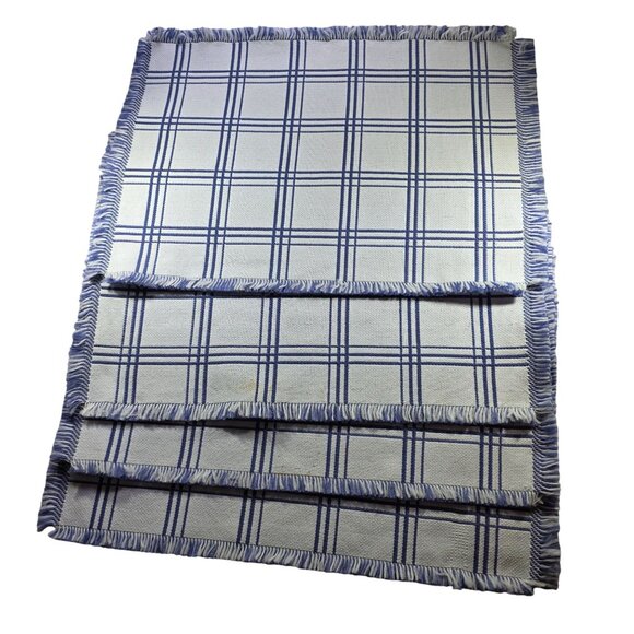 Set Of 4 Blue & White Plaid Woven Placemat Set With Fringe Details reversible - Picture 2 of 6